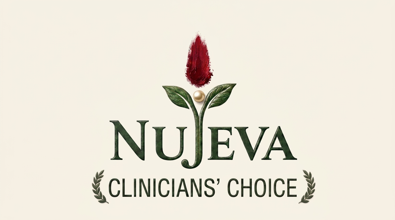 Nūjeva logo with the tilak mark above the J
