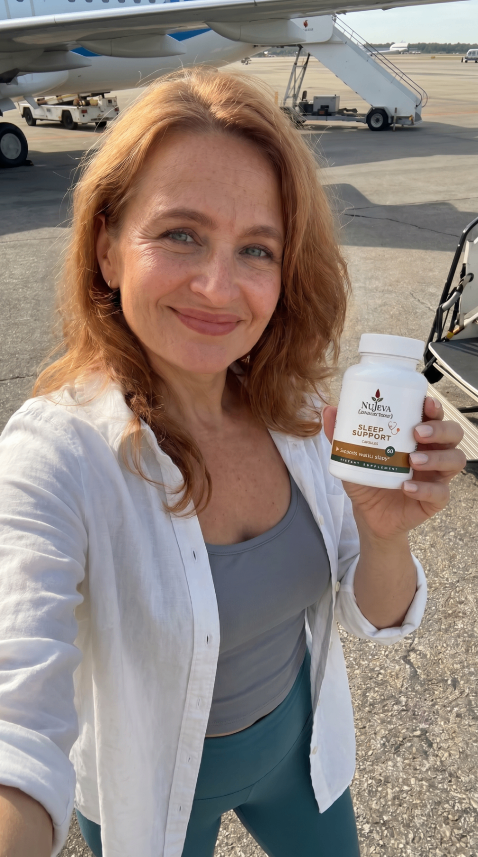 Woman at airport holding Nūjeva Sleep Support Capsules
