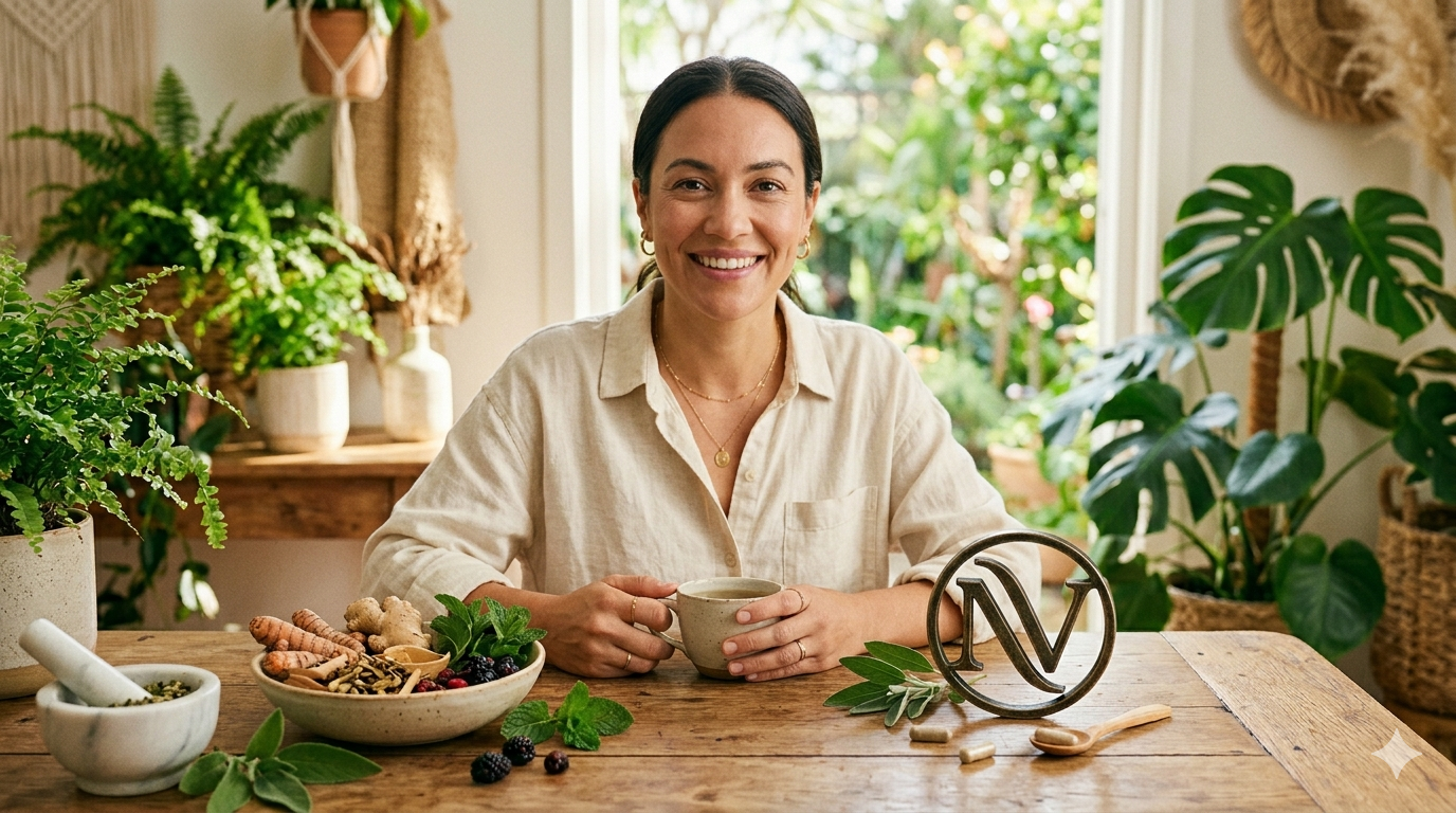 Woman with herbal wellness ingredients and Nujeva branding