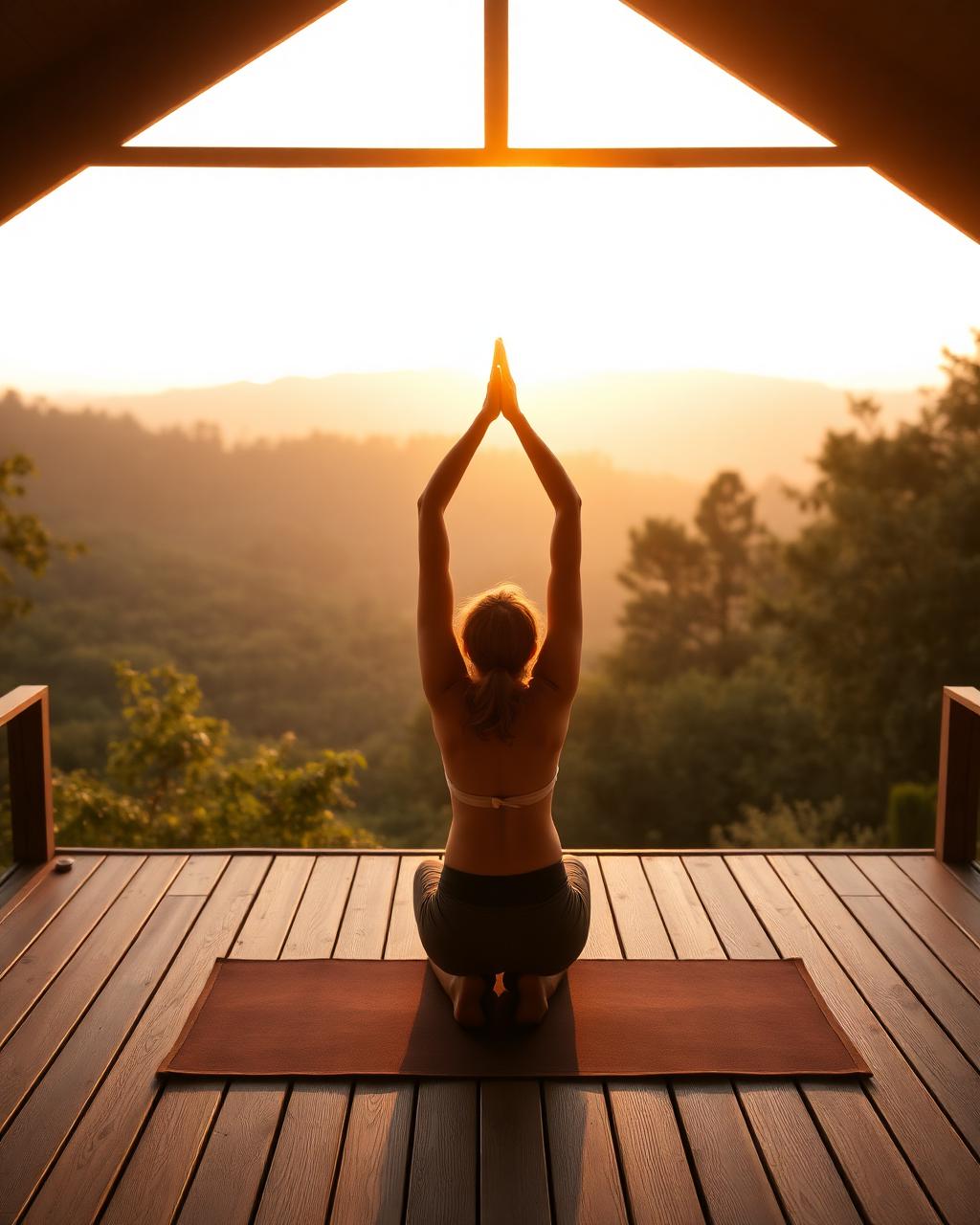 Woman doing sunrise yoga overlooking nature